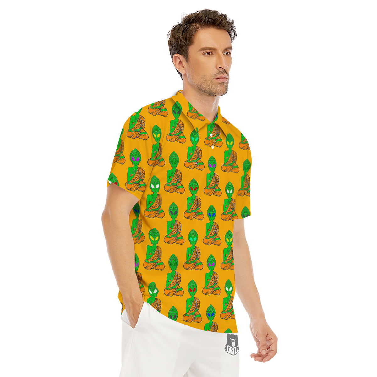 Buddha Alien Psychedelic Print Pattern Men's Golf Shirts-grizzshop