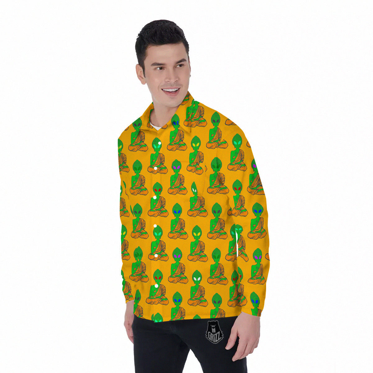 Buddha Alien Psychedelic Print Pattern Men's Long Sleeve Shirts-grizzshop