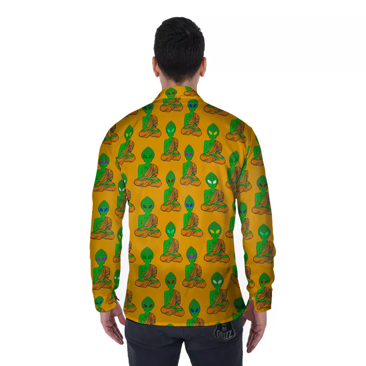 Buddha Alien Psychedelic Print Pattern Men's Long Sleeve Shirts-grizzshop