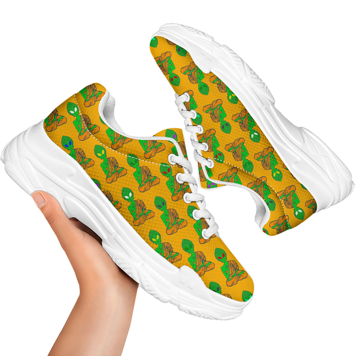 Buddha Alien Psychedelic Print Pattern White Chunky Shoes-grizzshop