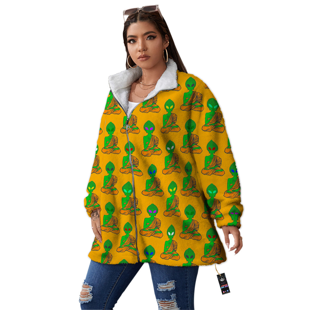 Buddha Alien Psychedelic Print Pattern Women's Sherpa Jacket-grizzshop