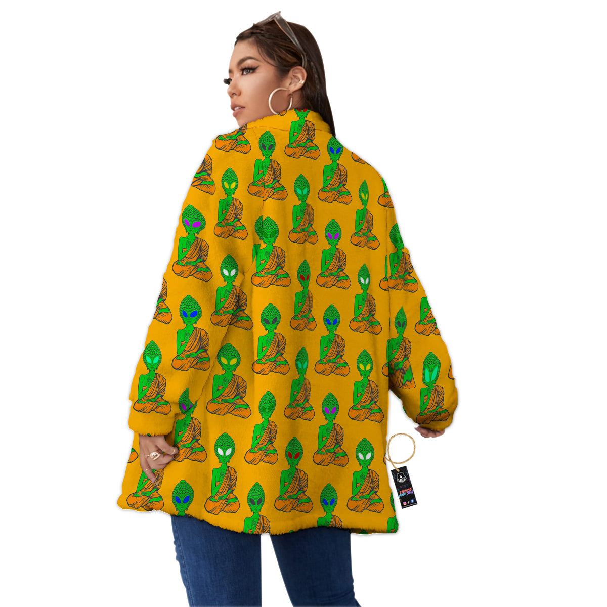 Buddha Alien Psychedelic Print Pattern Women's Sherpa Jacket-grizzshop