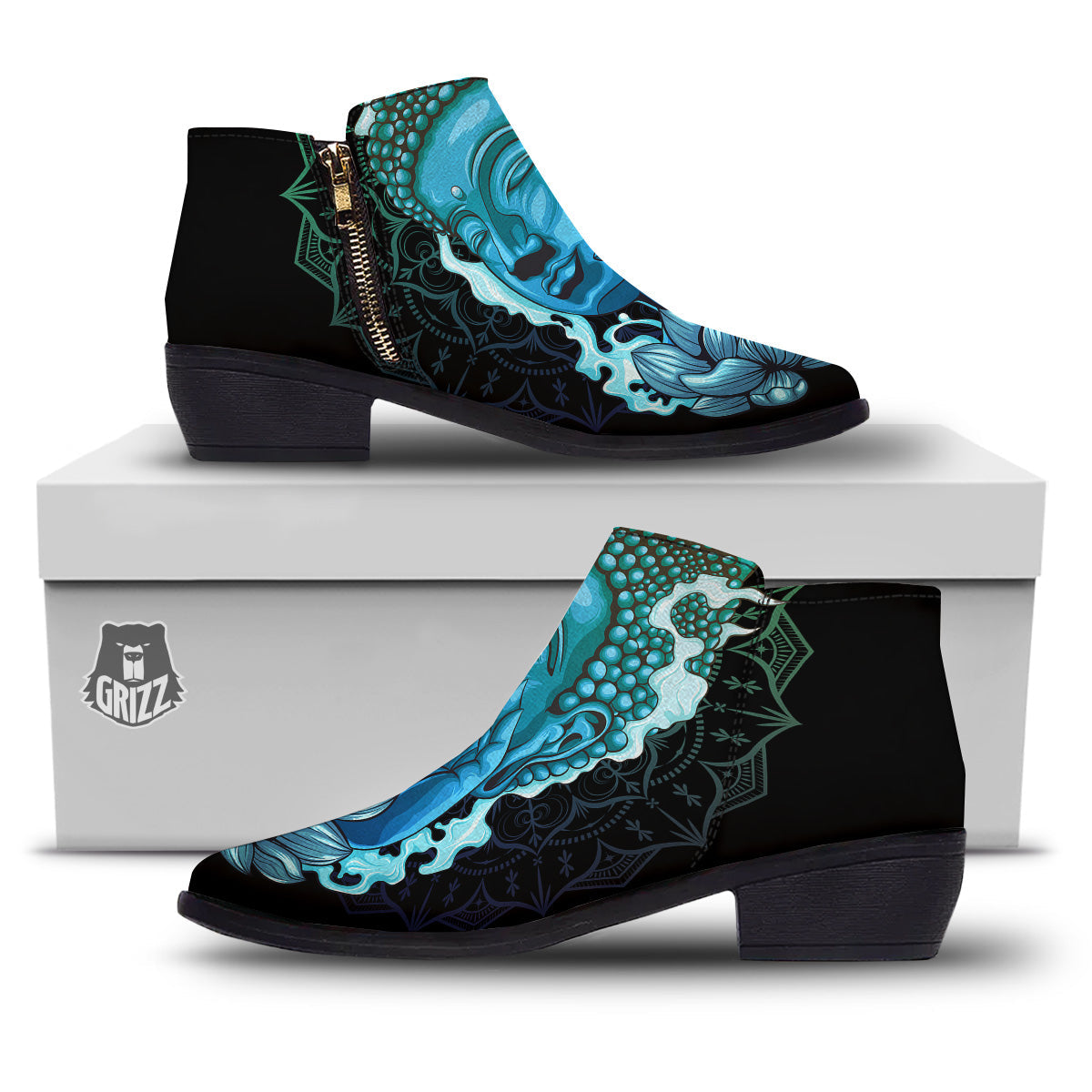 Buddha Blue Print Ankle Boots-grizzshop