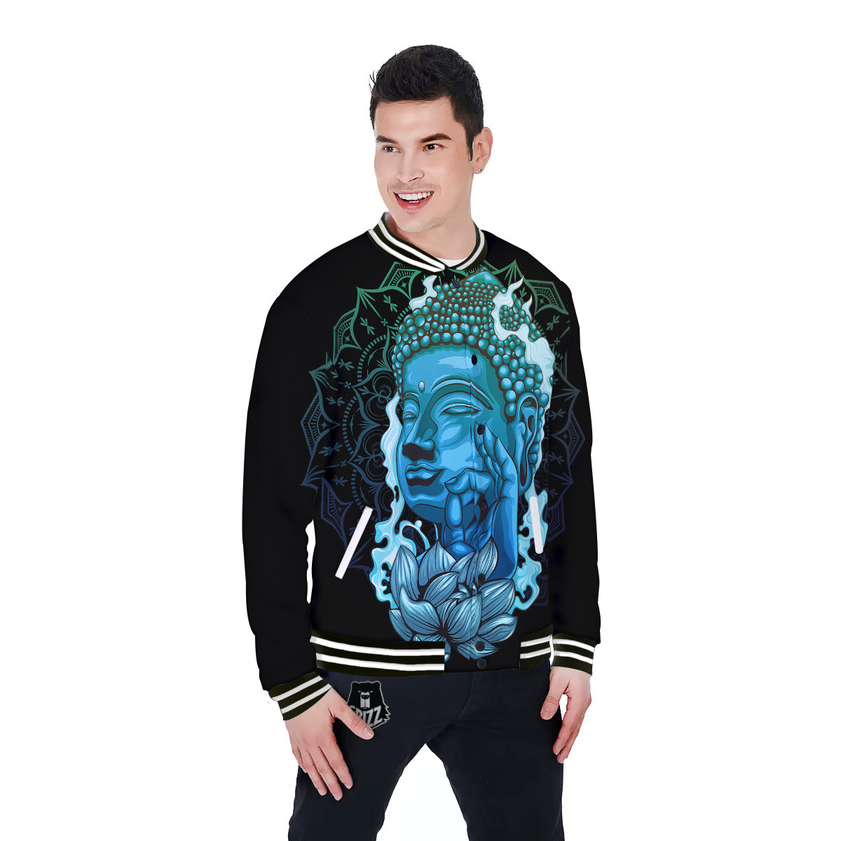 Buddha Blue Print Baseball Jacket-grizzshop