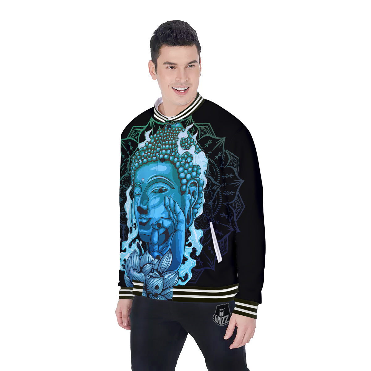 Buddha Blue Print Baseball Jacket-grizzshop
