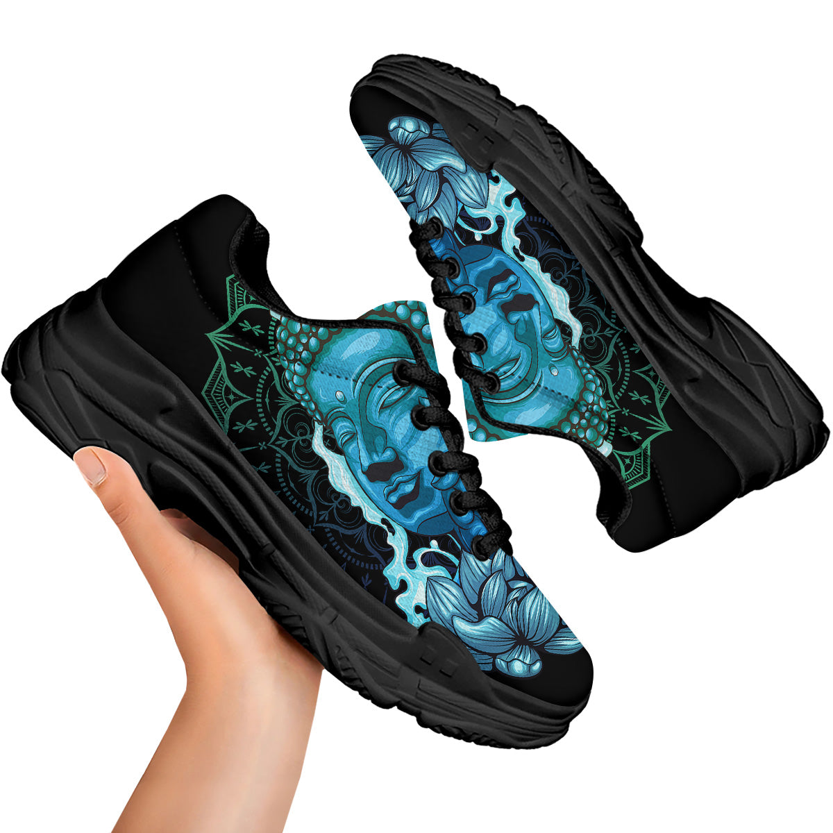 Buddha Blue Print Black Chunky Shoes-grizzshop