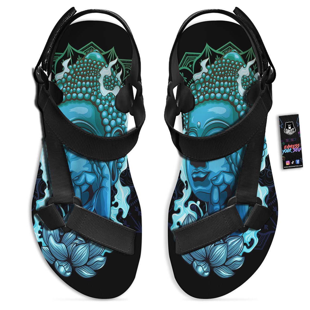 Buddha Blue Print Black Open Toe Sandals-grizzshop