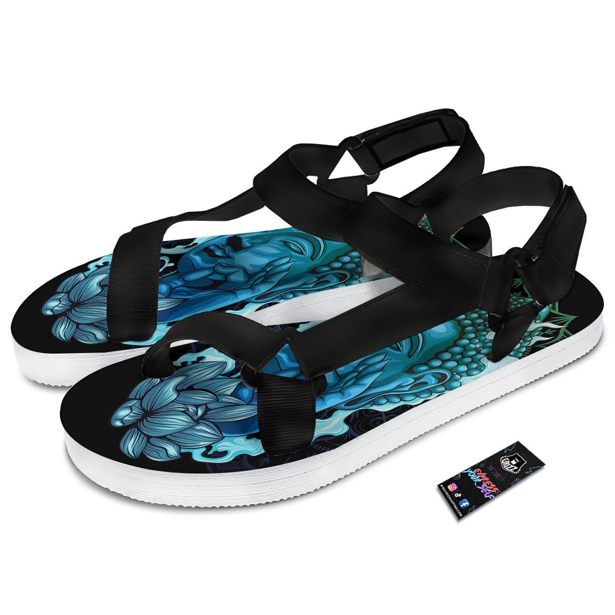 Buddha Blue Print Black Open Toe Sandals-grizzshop