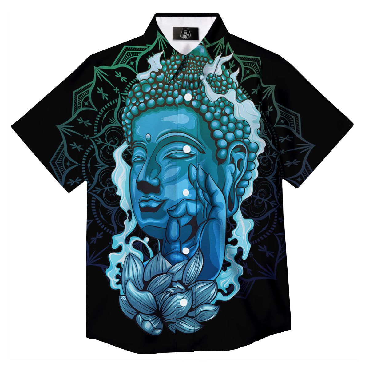 Buddha Blue Print Button Up Shirt-grizzshop