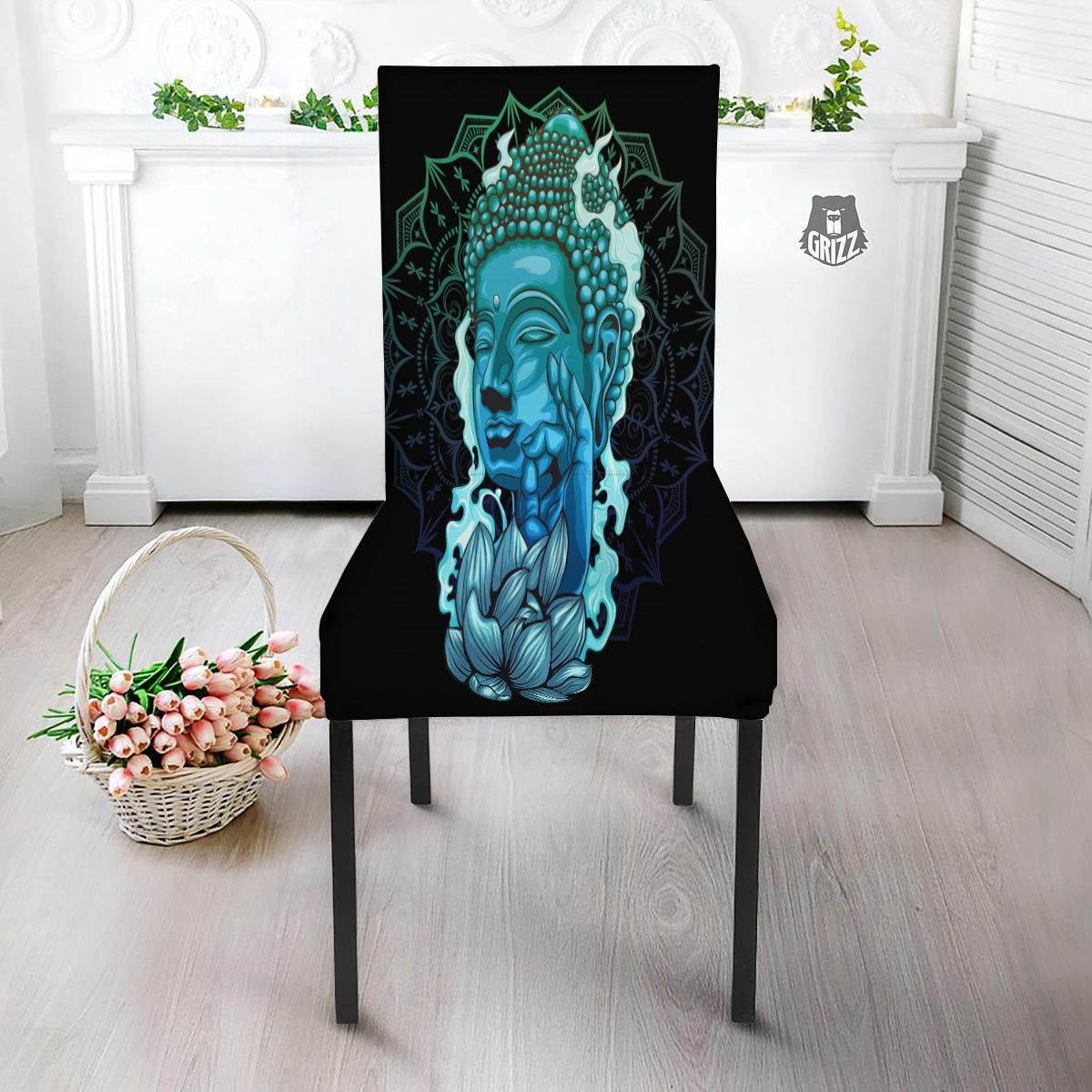 Buddha Blue Print Dining Chair Slipcover-grizzshop