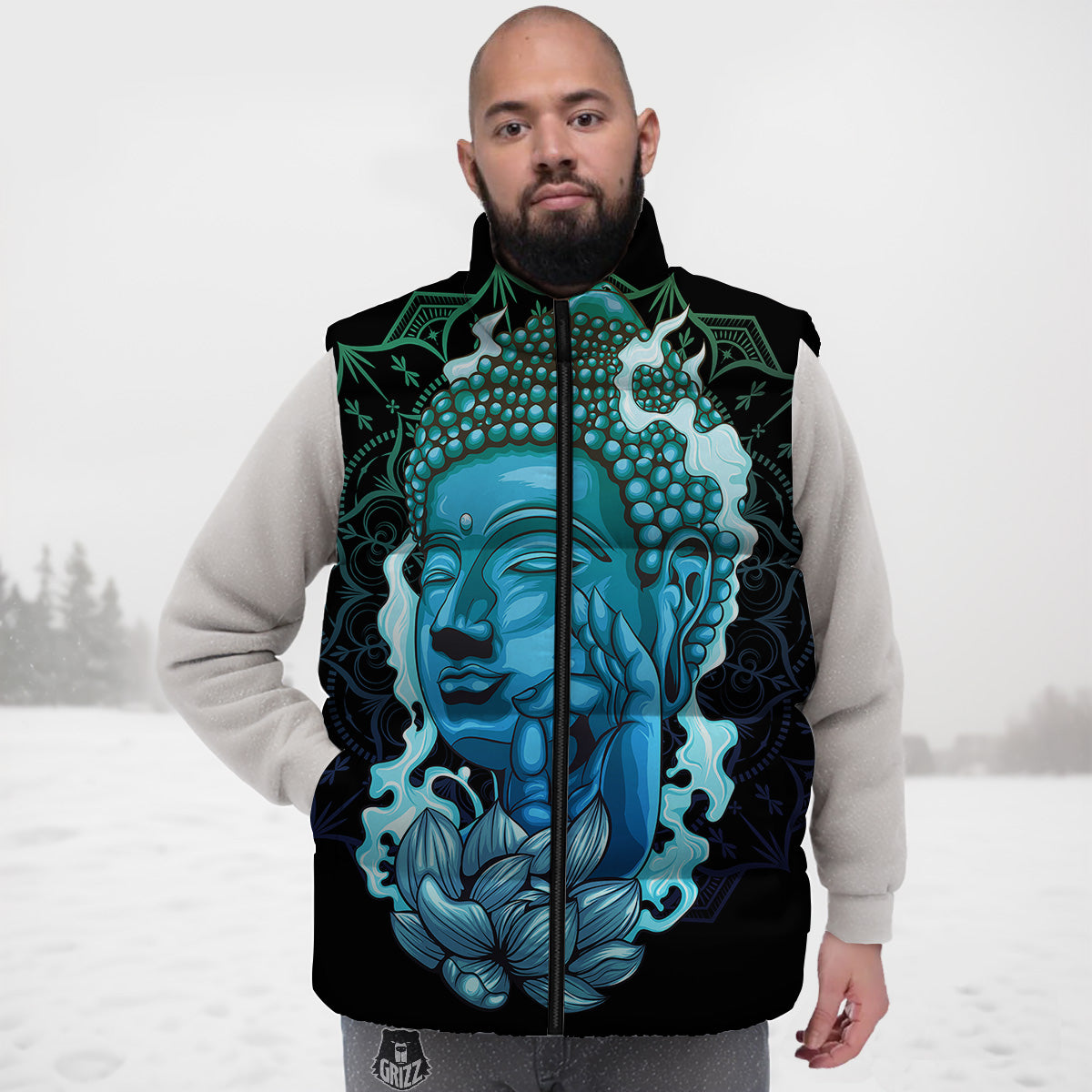 Buddha Blue Print Down Vest-grizzshop
