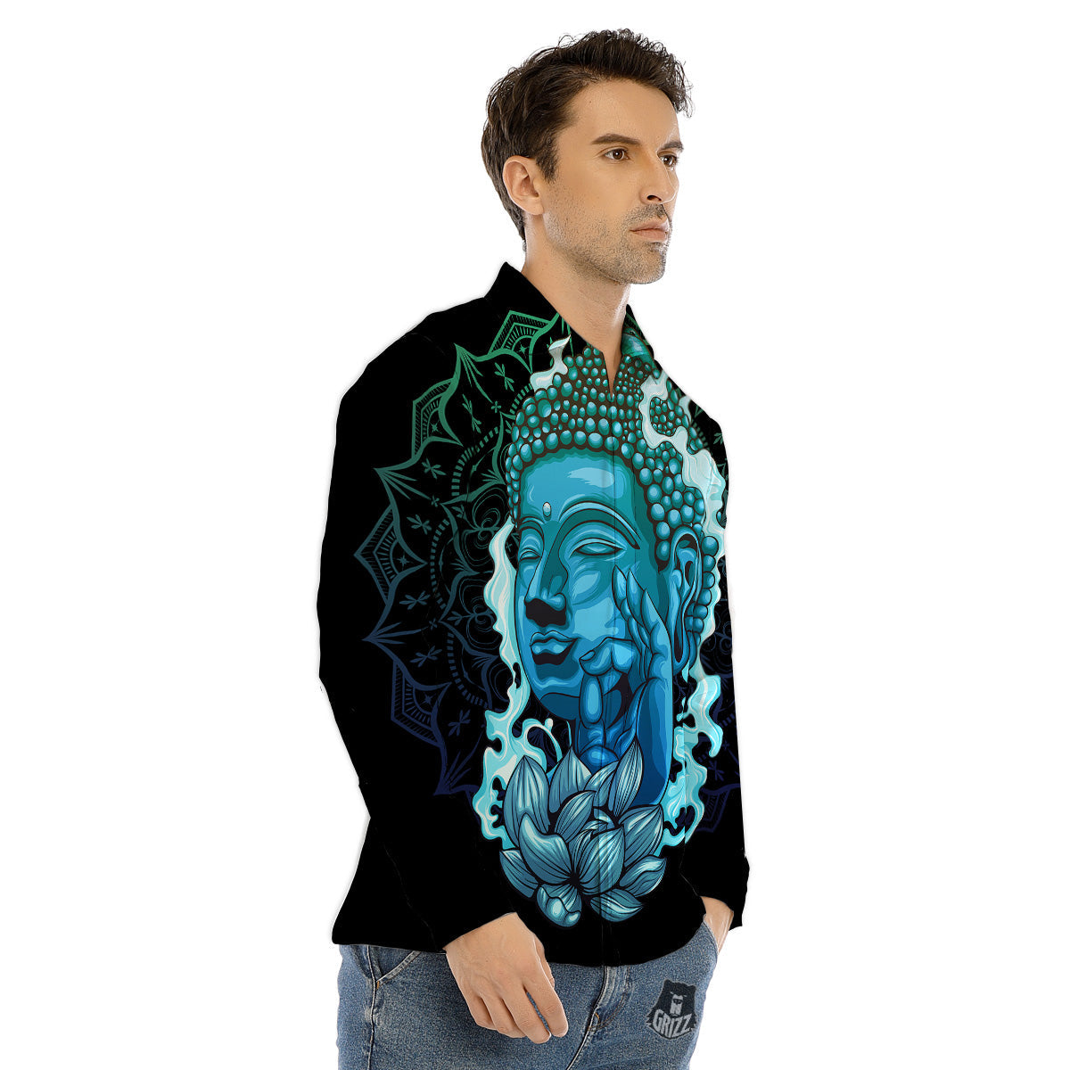 Buddha Blue Print Men's Dress Shirts-grizzshop