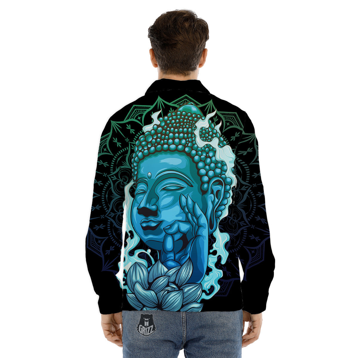Buddha Blue Print Men's Dress Shirts-grizzshop