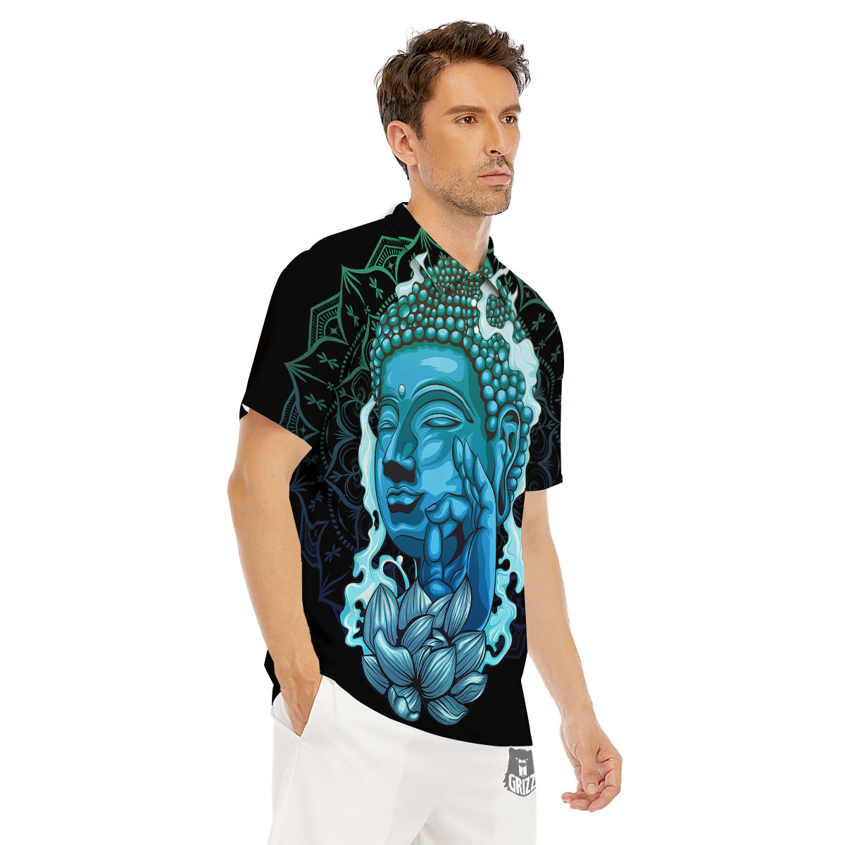 Buddha Blue Print Men's Golf Shirts-grizzshop