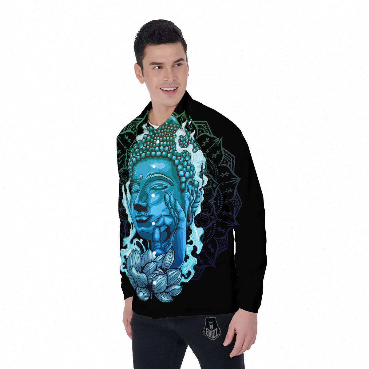 Buddha Blue Print Men's Long Sleeve Shirts-grizzshop