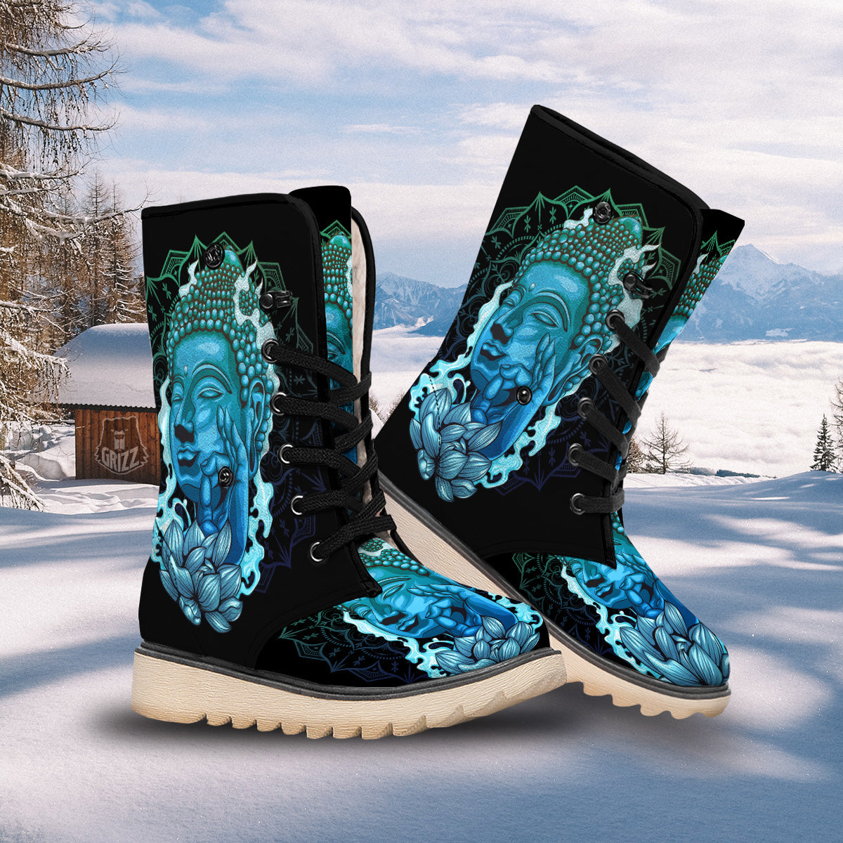 Buddha Blue Print Snow Boots-grizzshop