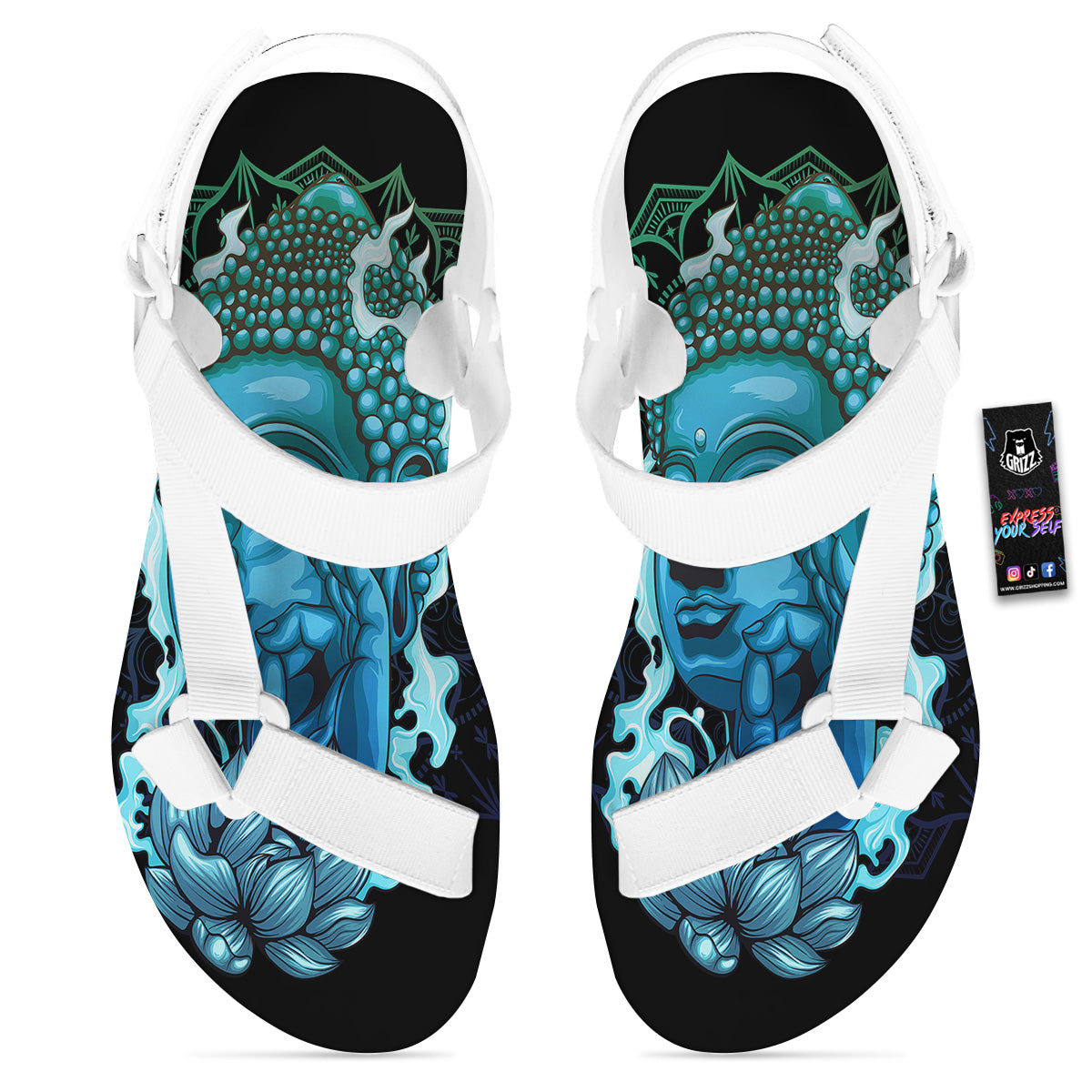 Buddha Blue Print White Open Toe Sandals-grizzshop