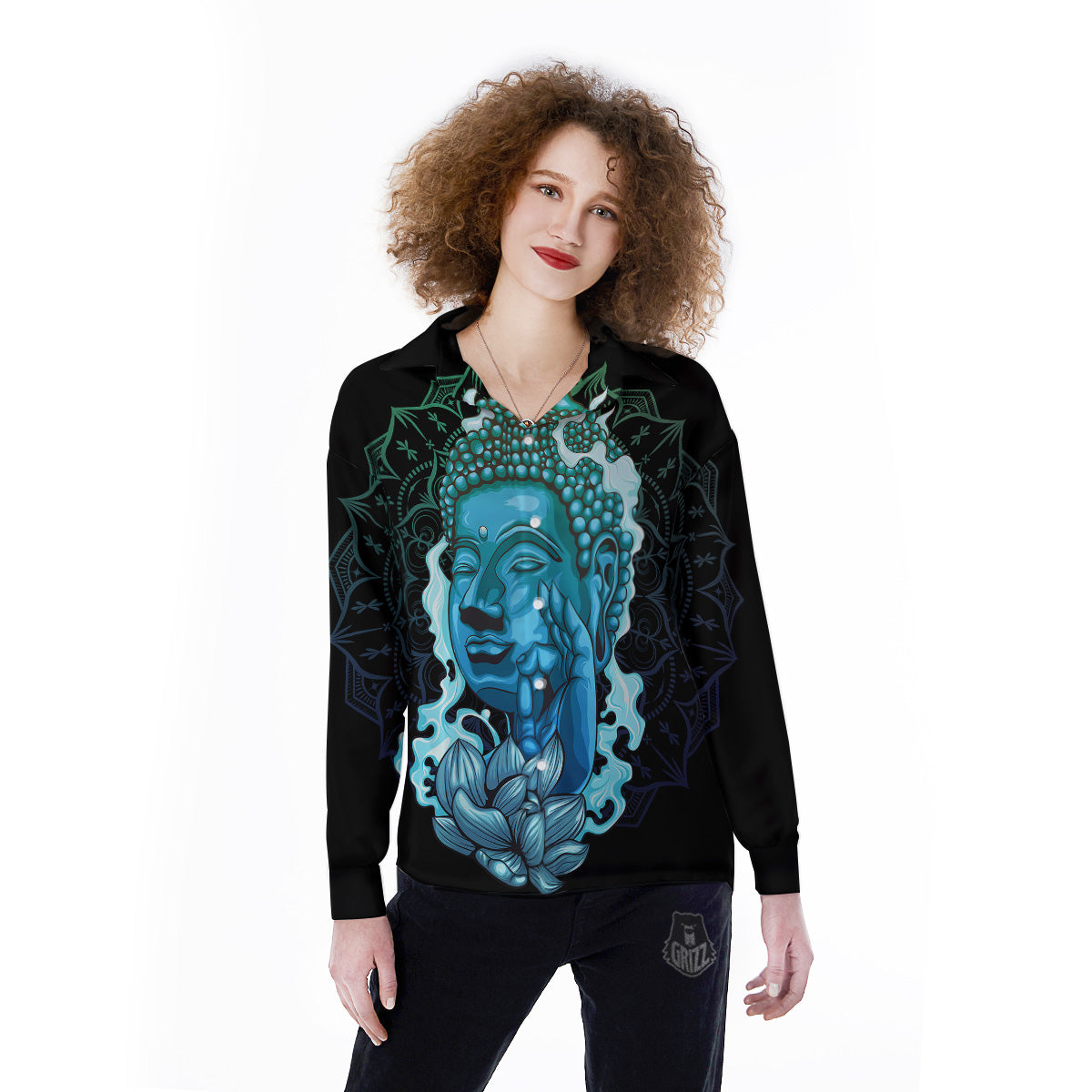 Buddha Blue Print Women's Long Sleeve Shirts-grizzshop
