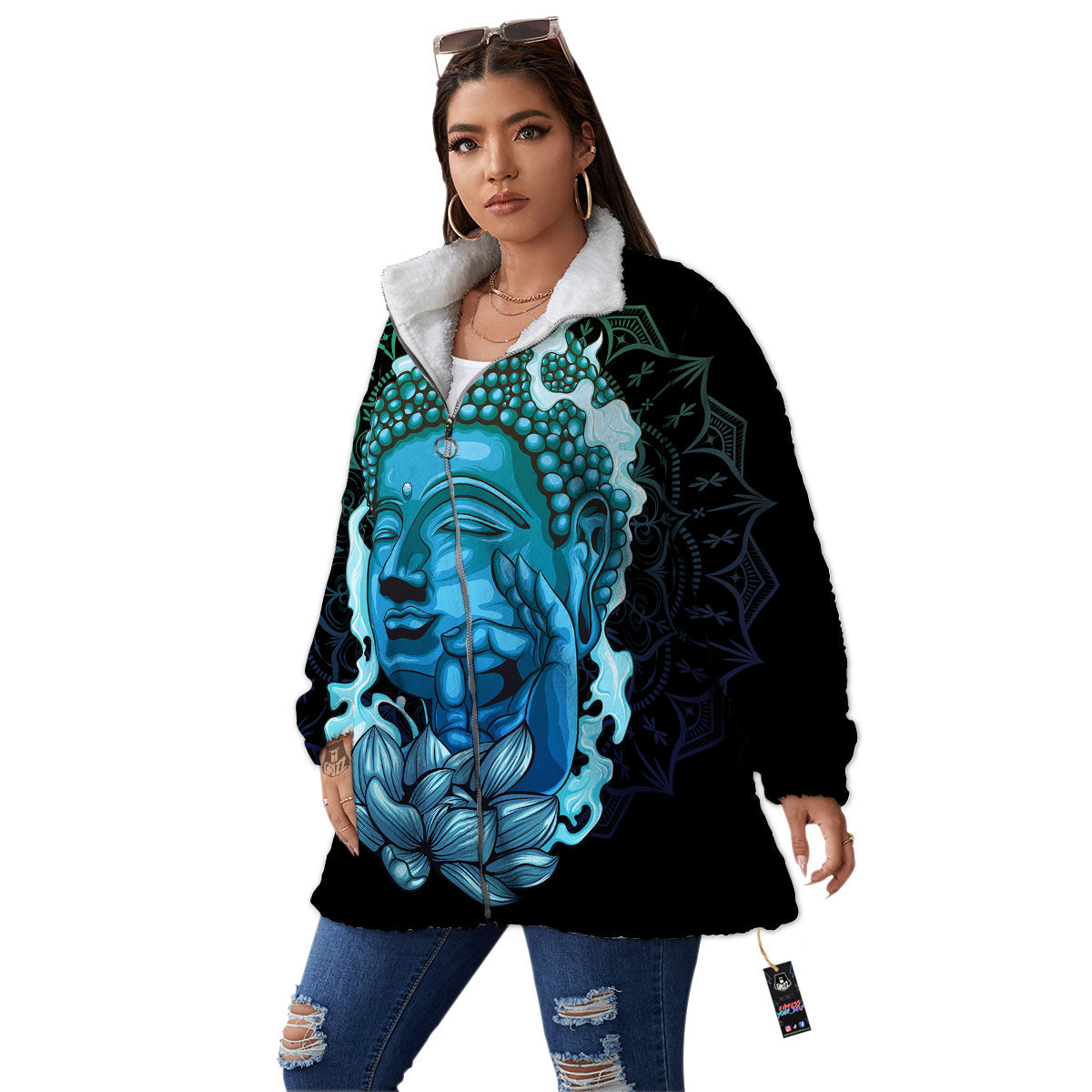 Buddha Blue Print Women's Sherpa Jacket-grizzshop