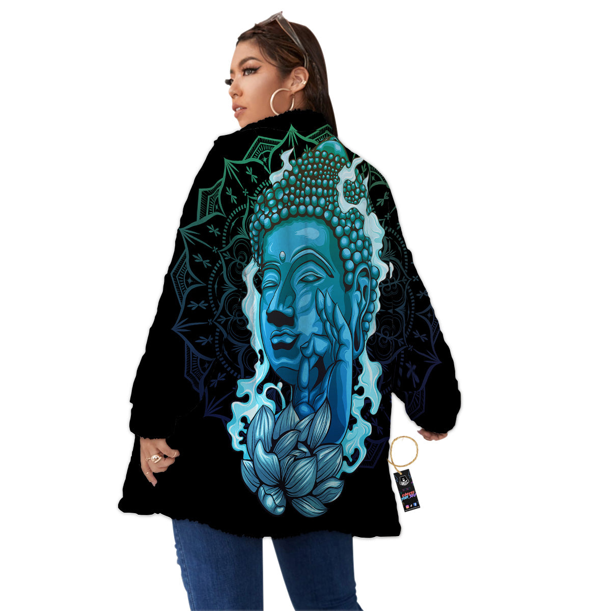 Buddha Blue Print Women's Sherpa Jacket-grizzshop
