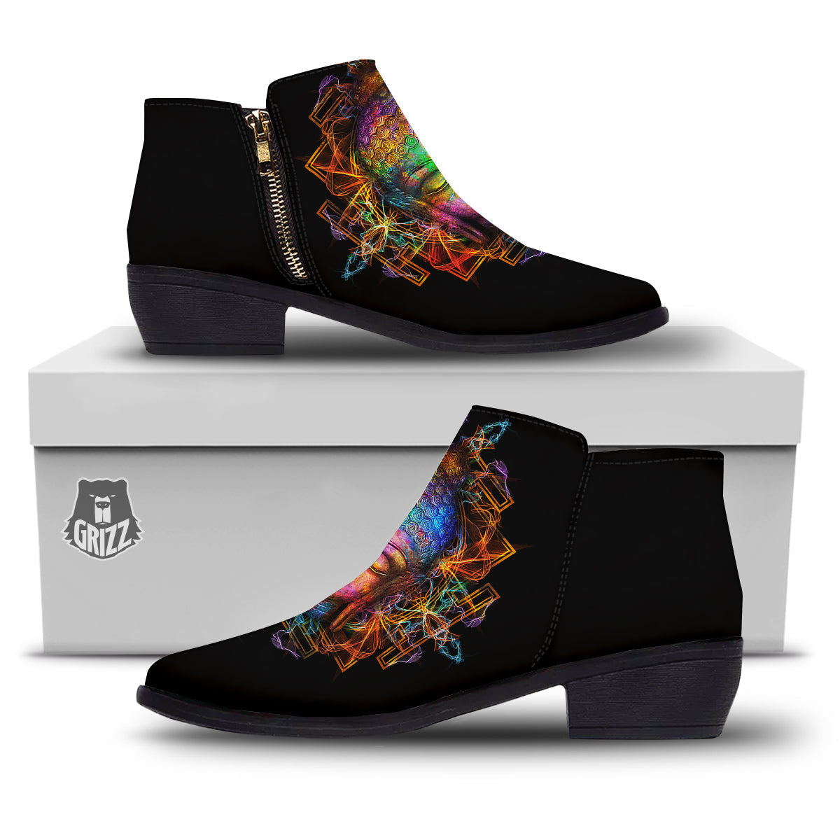 Buddha Colorful Print Ankle Boots-grizzshop