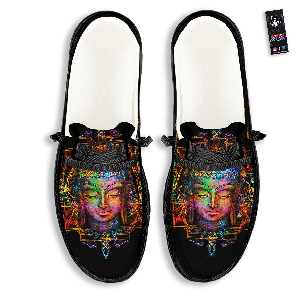 Buddha Colorful Print Black Loafers-grizzshop