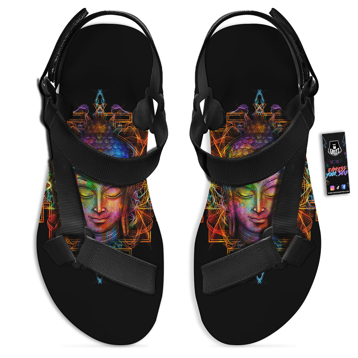 Buddha Colorful Print Black Open Toe Sandals-grizzshop