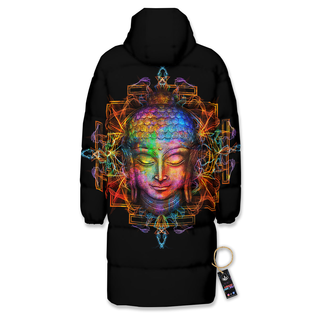 Buddha Colorful Print Long Down Jacket-grizzshop