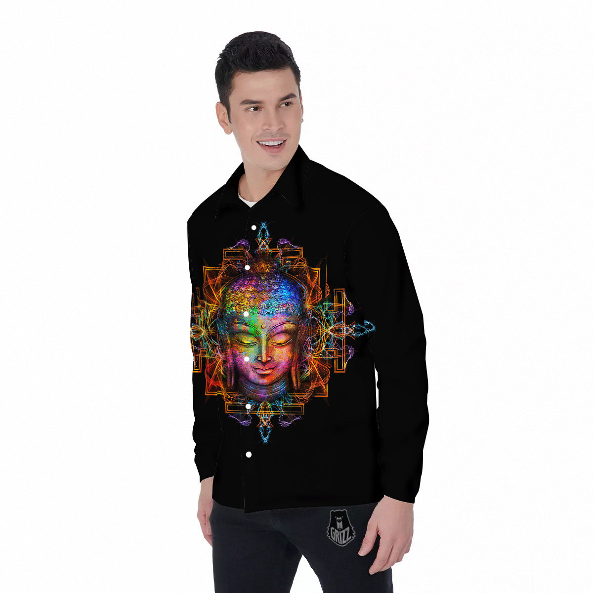 Buddha Colorful Print Men's Long Sleeve Shirts-grizzshop