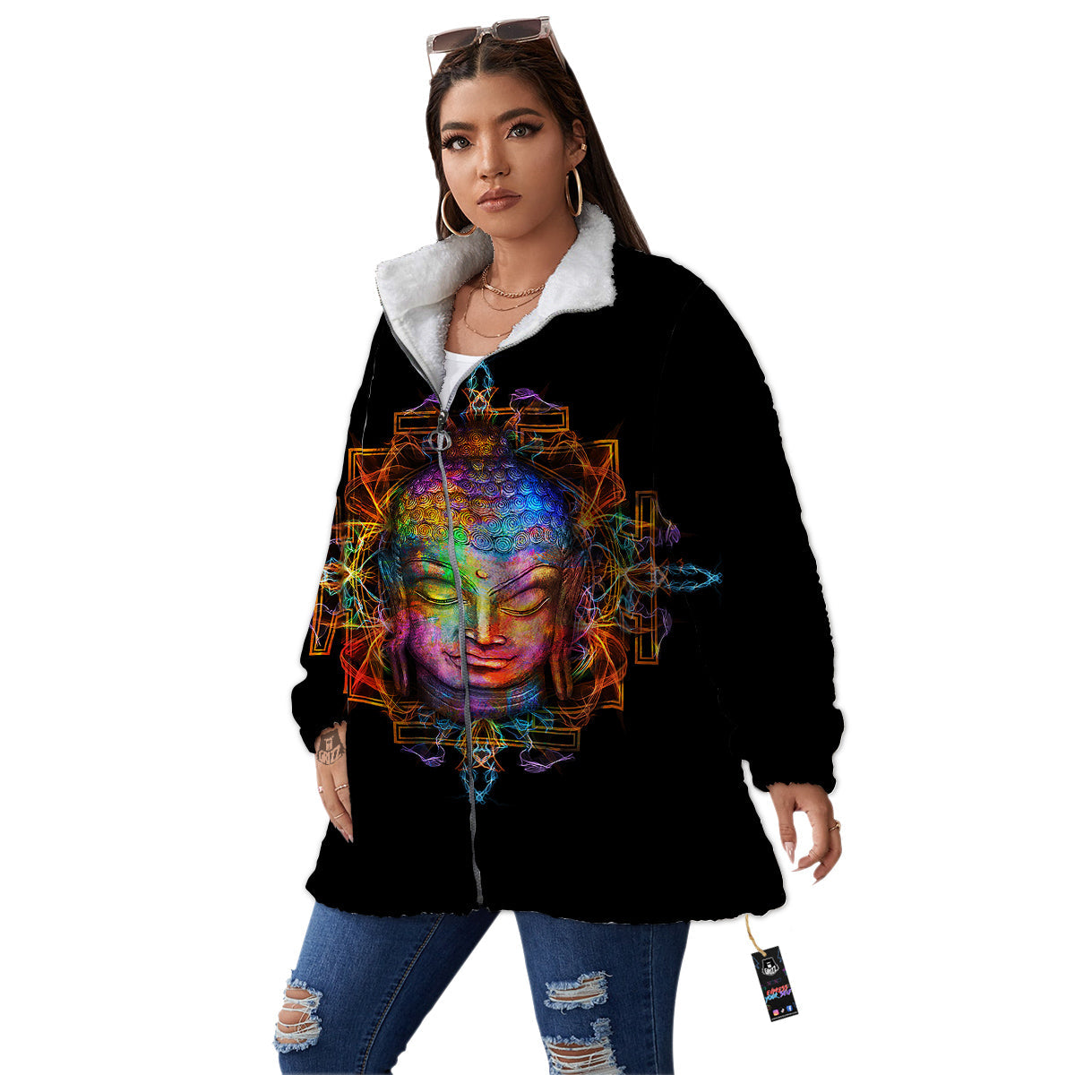 Buddha Colorful Print Women's Sherpa Jacket-grizzshop