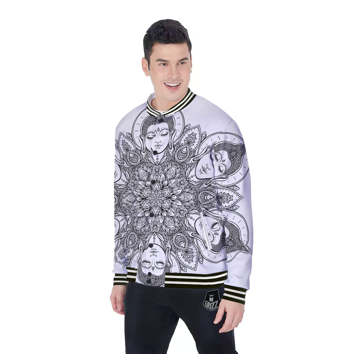 Buddha Face Ornate Mandala Print Baseball Jacket-grizzshop