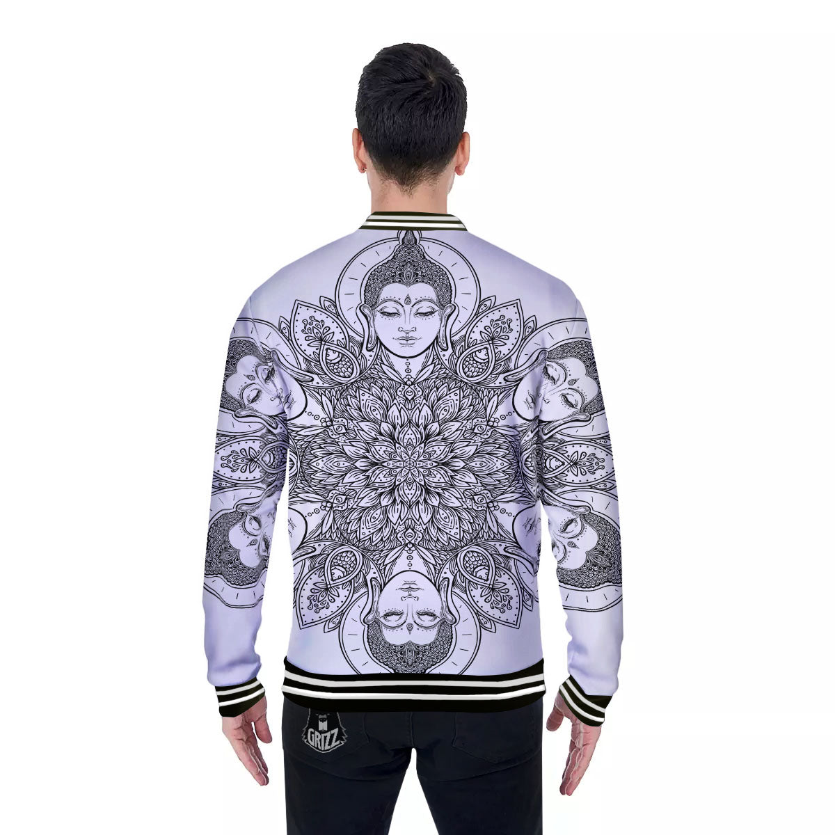 Buddha Face Ornate Mandala Print Baseball Jacket-grizzshop