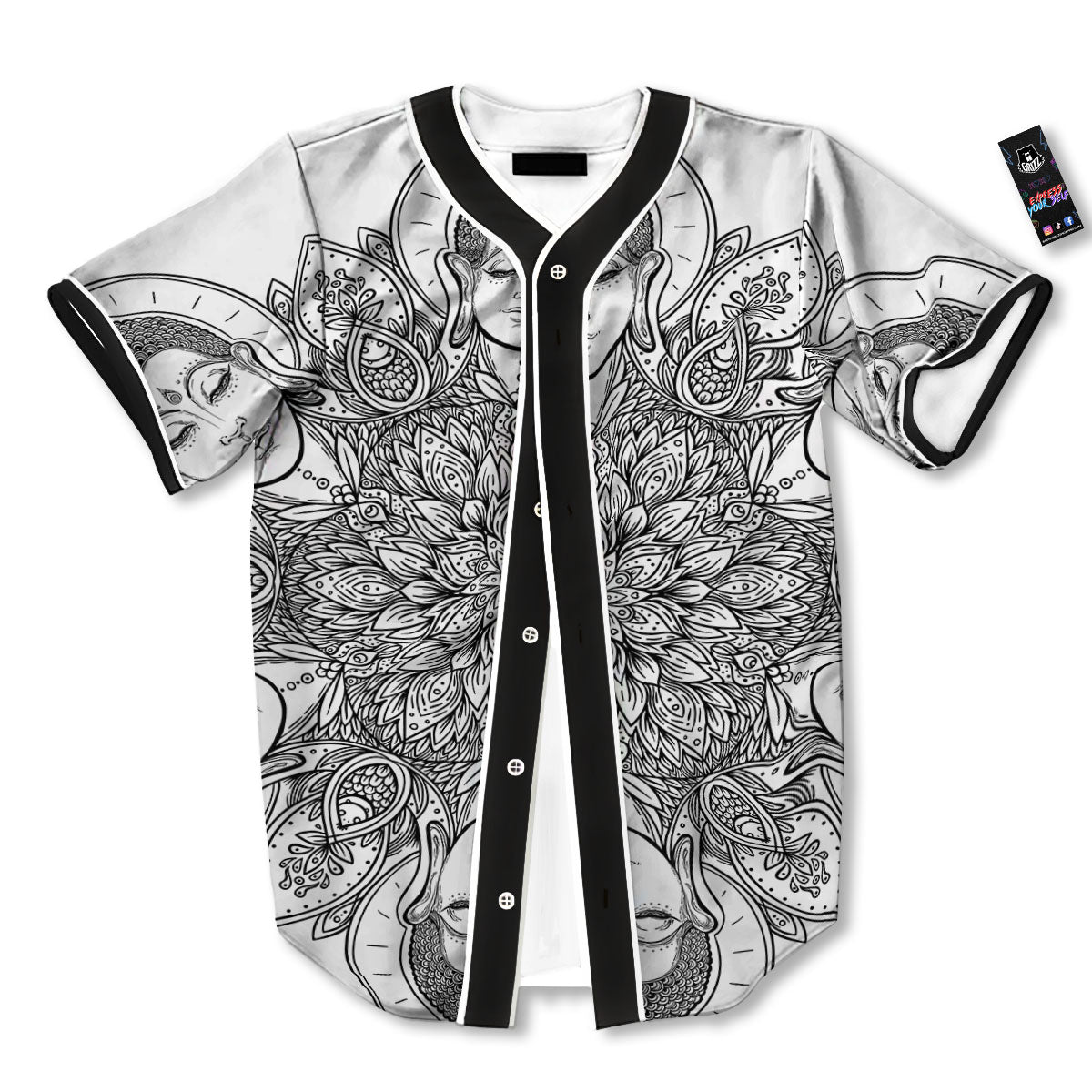 Buddha Face Ornate Mandala Print Baseball Jersey-grizzshop