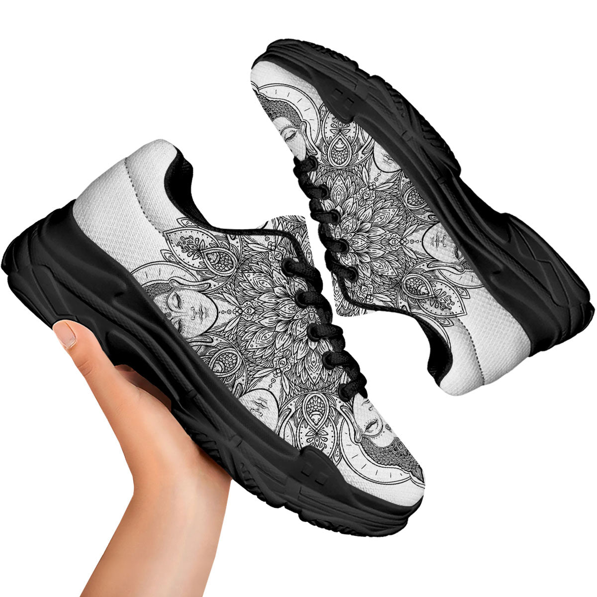 Buddha Face Ornate Mandala Print Black Chunky Shoes-grizzshop