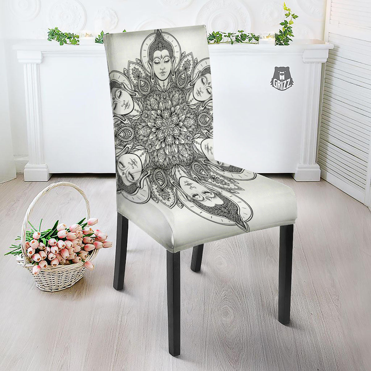 Buddha Face Ornate Mandala Print Dining Chair Slipcover-grizzshop