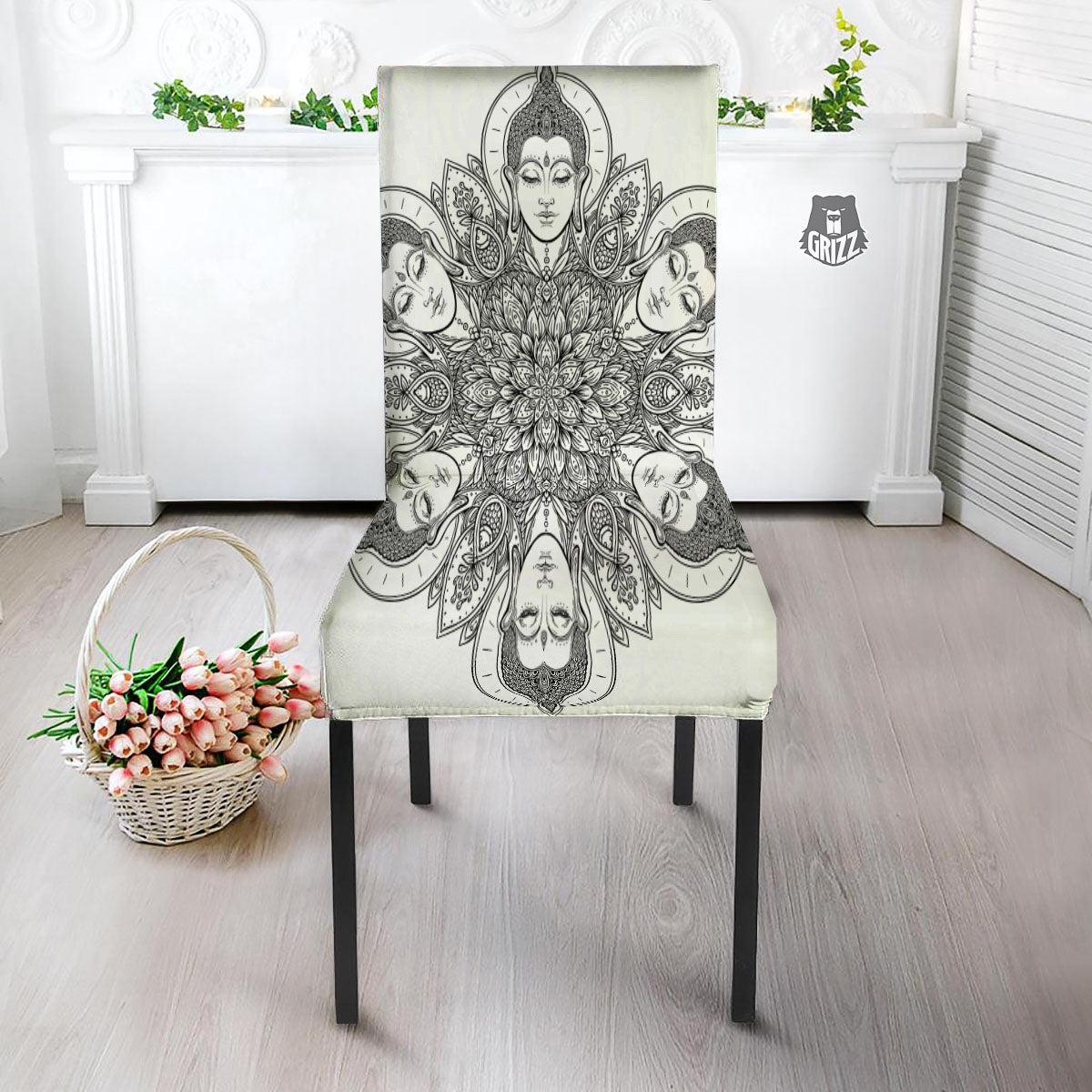 Buddha Face Ornate Mandala Print Dining Chair Slipcover-grizzshop
