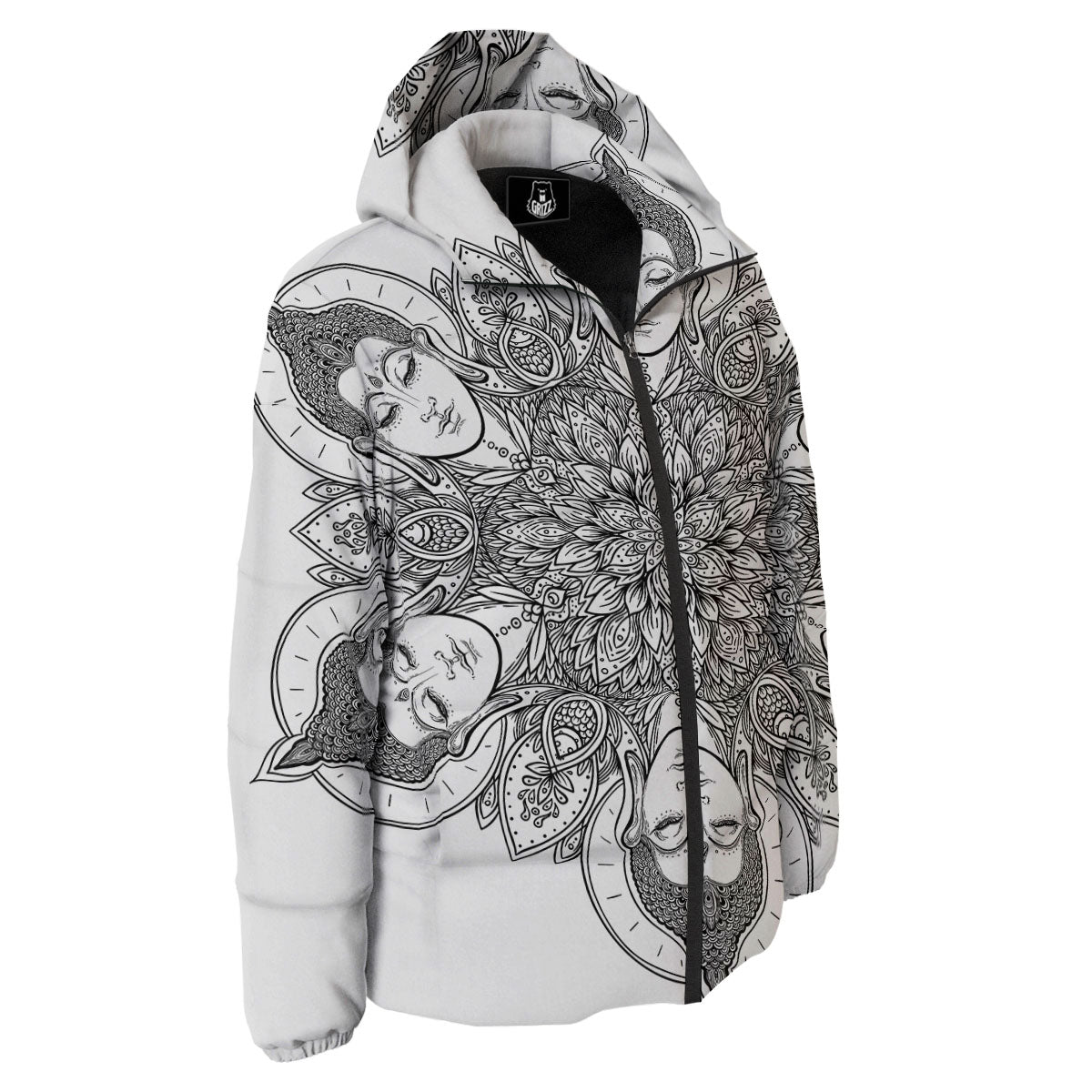 Buddha Face Ornate Mandala Print Down Jacket-grizzshop