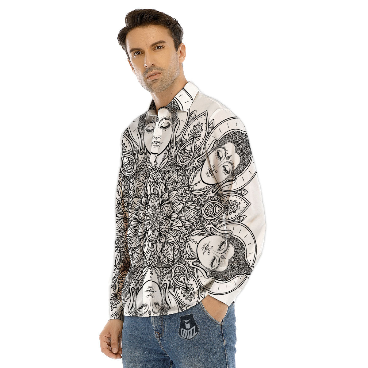 Buddha Face Ornate Mandala Print Men's Dress Shirts-grizzshop