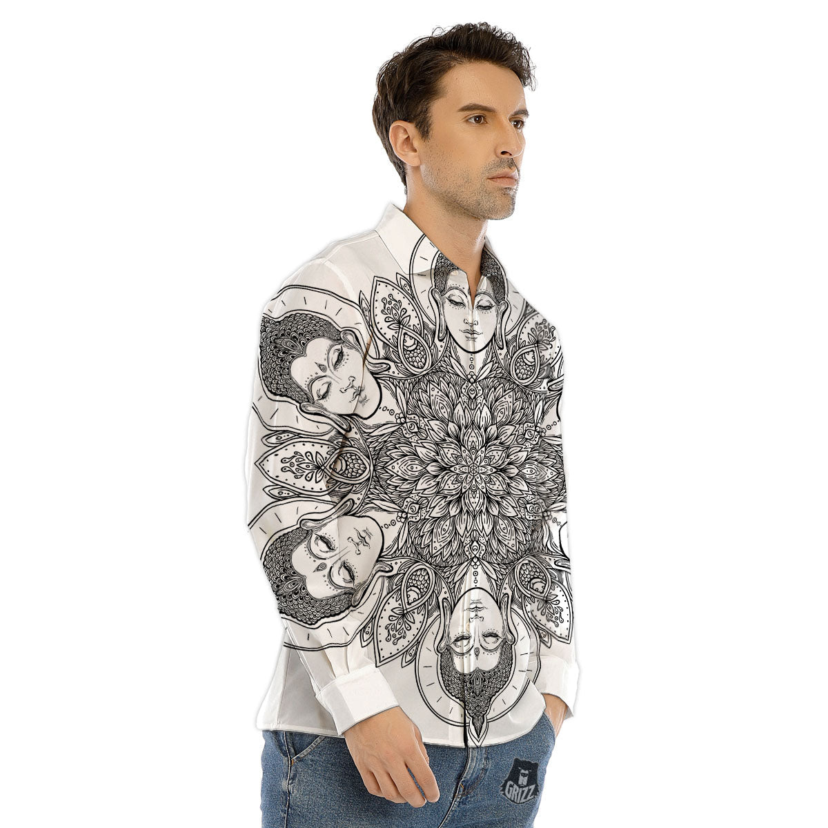 Buddha Face Ornate Mandala Print Men's Dress Shirts-grizzshop