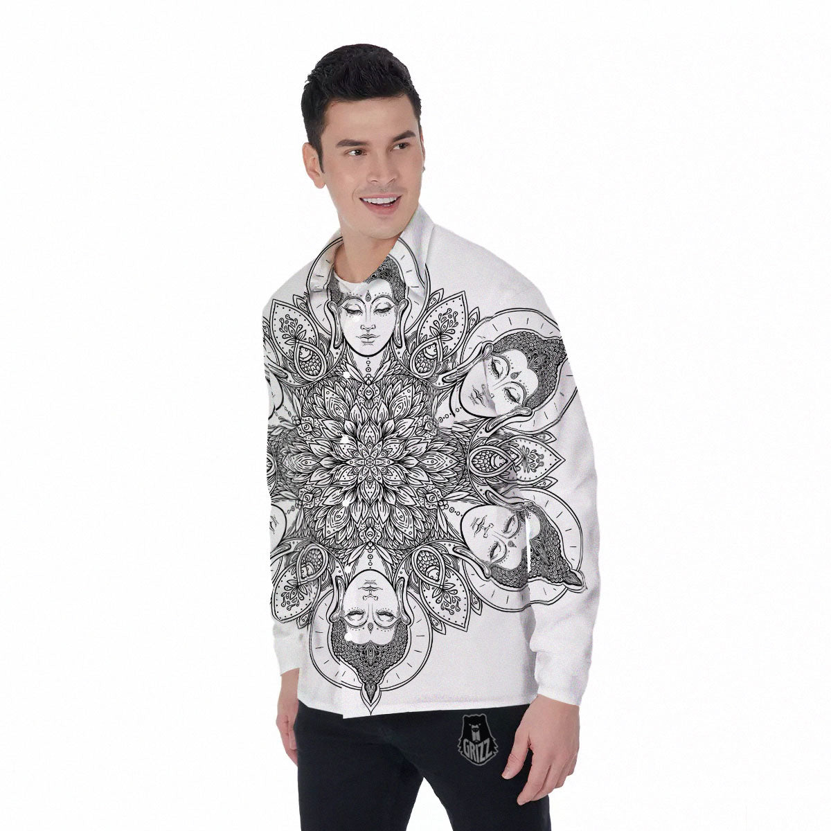 Buddha Face Ornate Mandala Print Men's Long Sleeve Shirts-grizzshop