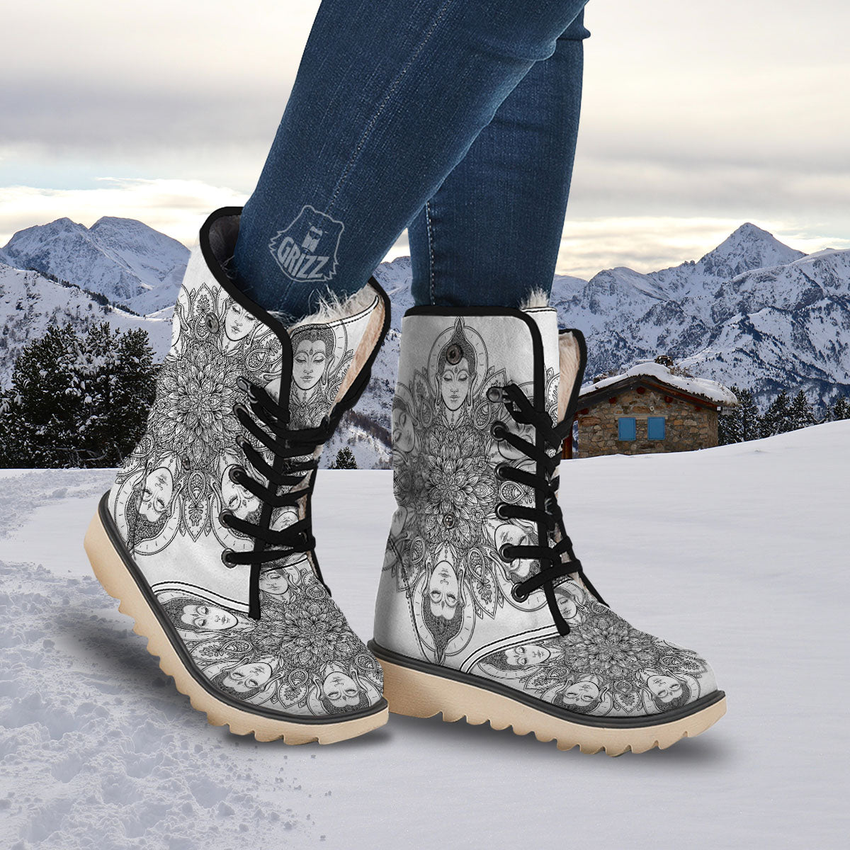 Buddha Face Ornate Mandala Print Snow Boots-grizzshop
