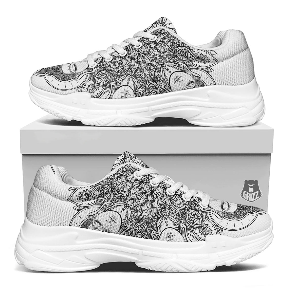 Buddha Face Ornate Mandala Print White Chunky Shoes-grizzshop
