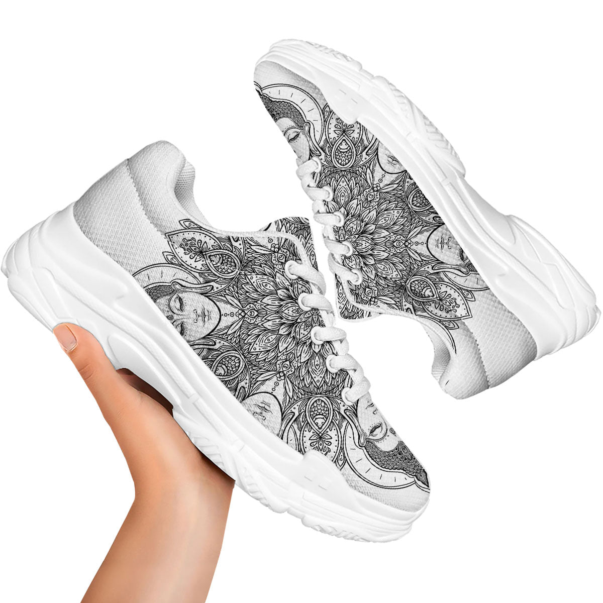 Buddha Face Ornate Mandala Print White Chunky Shoes-grizzshop