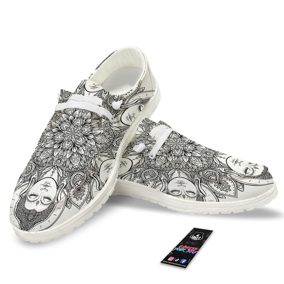 Buddha Face Ornate Mandala Print White Loafers-grizzshop
