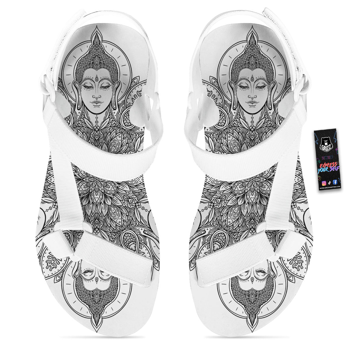 Buddha Face Ornate Mandala Print White Open Toe Sandals-grizzshop