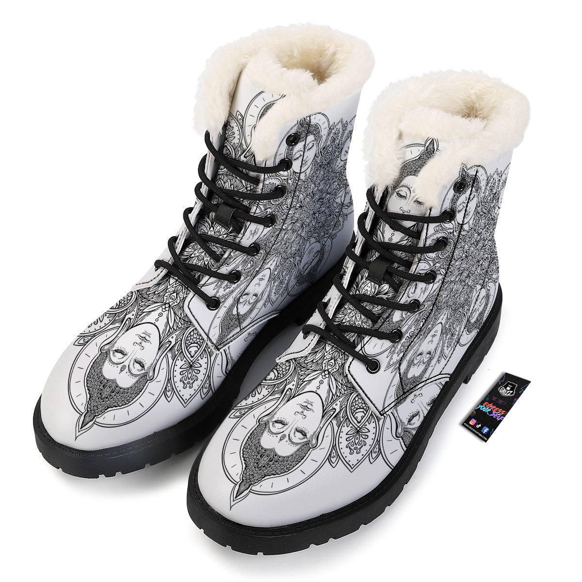 Buddha Face Ornate Mandala Print Winter Boots-grizzshop