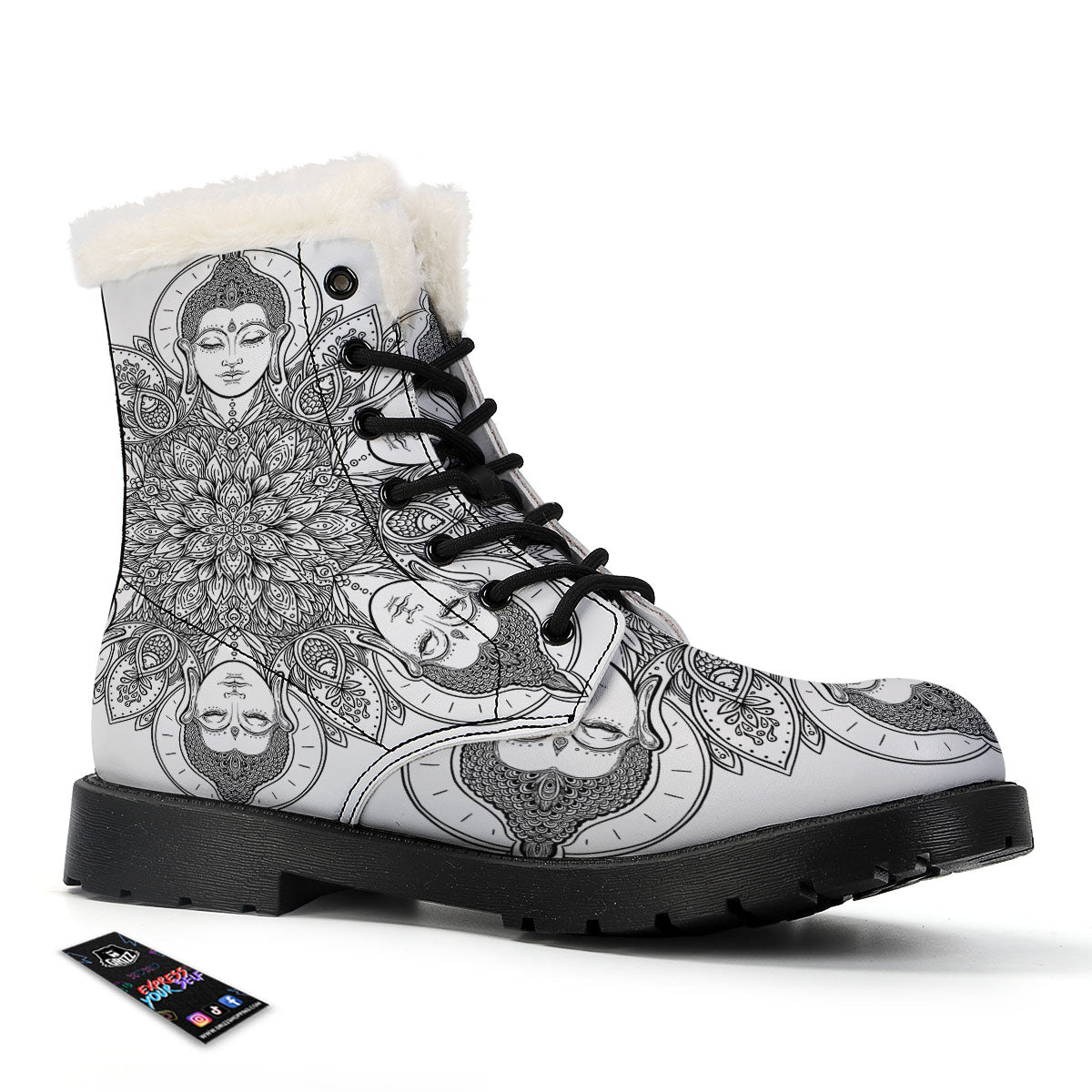 Buddha Face Ornate Mandala Print Winter Boots-grizzshop