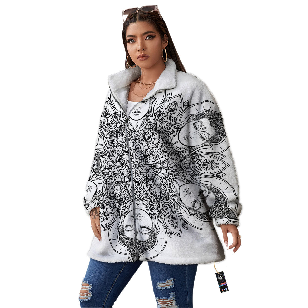 Buddha Face Ornate Mandala Print Women's Sherpa Jacket-grizzshop