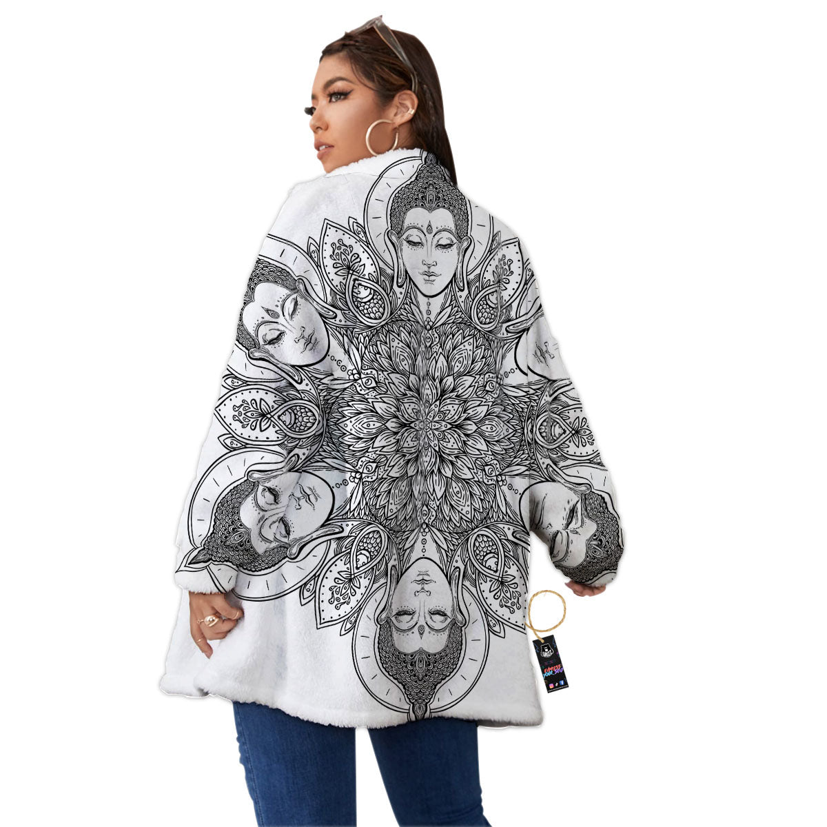 Buddha Face Ornate Mandala Print Women's Sherpa Jacket-grizzshop
