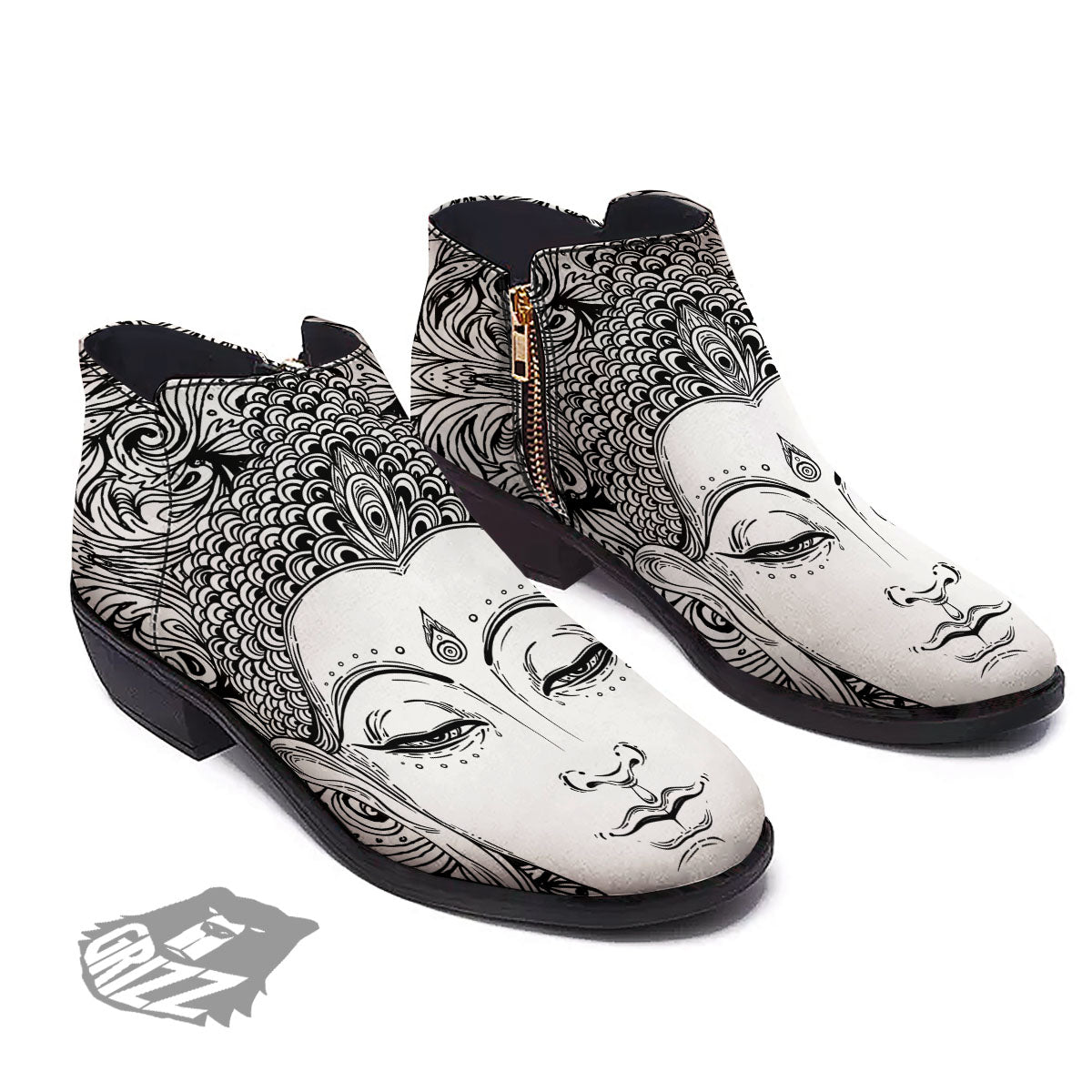 Buddha Mandala Spiritual Black White Print Ankle Boots-grizzshop